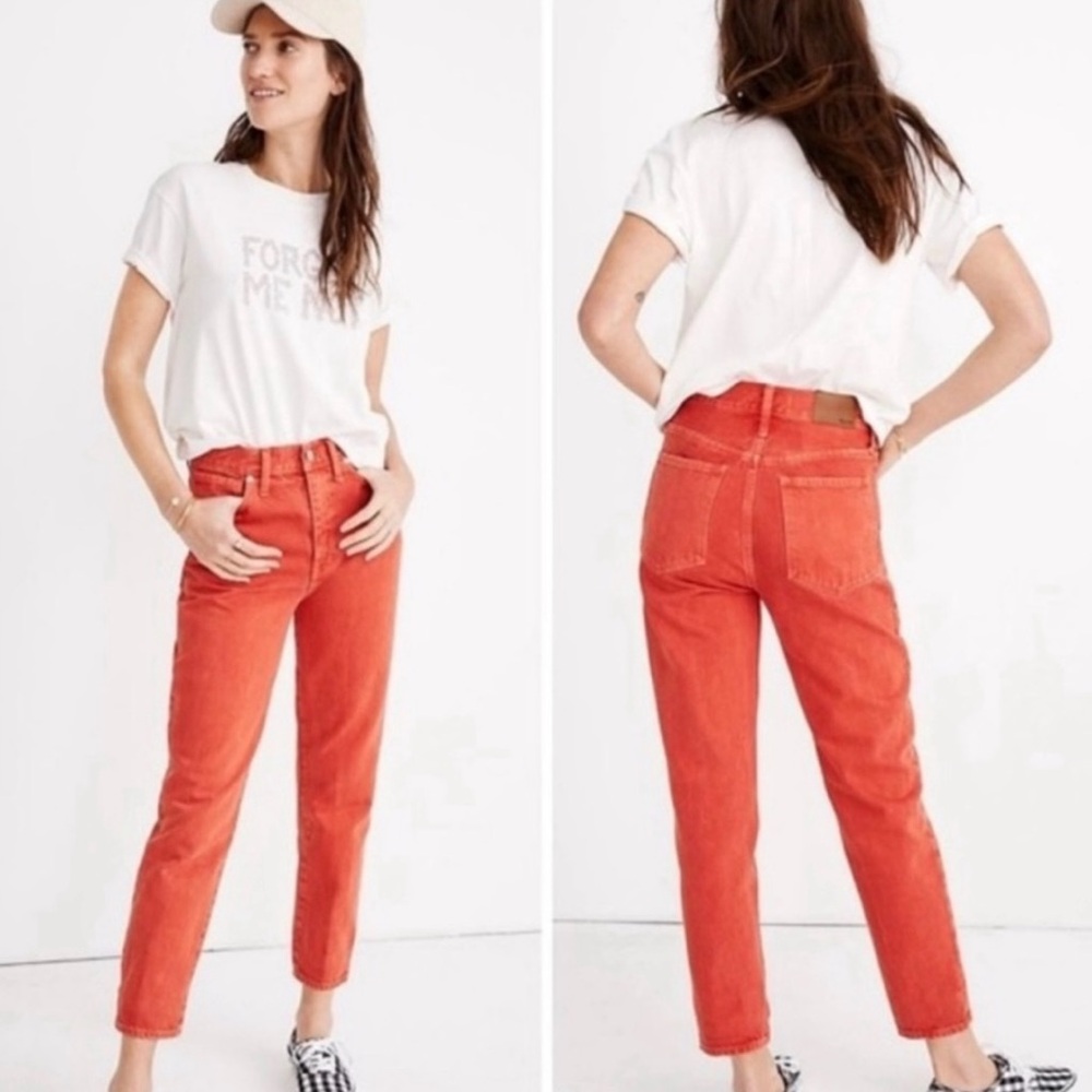 Madewell -The Momjean in Red denim.